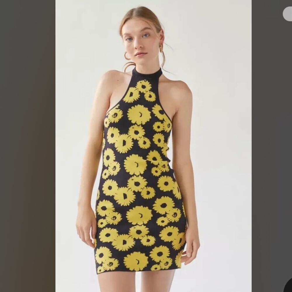 Urban Outfitters‎ Charlie Knit Sunflower Floral Print Sleeveless Halter Dress S